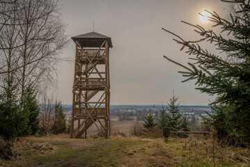 Sobeslav town and Luznice river in winter cloudy sunny morning