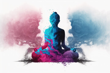 Meditation and mindfullnes lifestyle concept art, spiritual awerness, mental soul health, self care, healthy habit, pink and blue generative ai