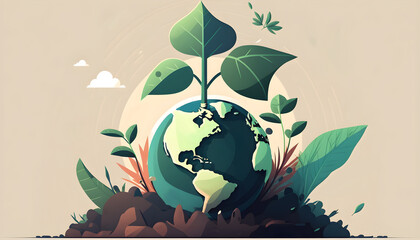 Green growing planet earth, ‘Earth Day’ flat design concept 