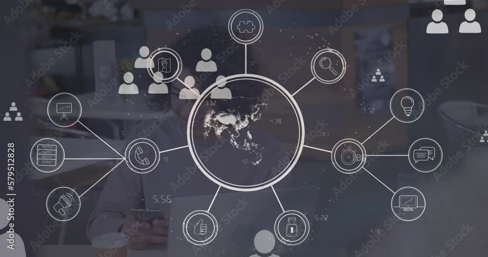 Poster animation of spinning globe and digital icons floating over biracial man using smartphone at office