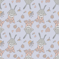 Seamless pattern witth cute rabbit retro illustration