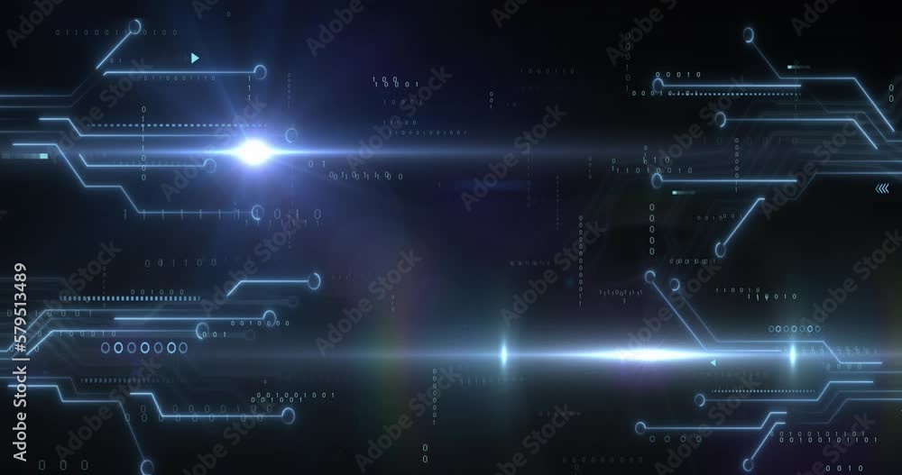 Poster animation of lens flares over illuminated circuit board pattern and binary codes on black background