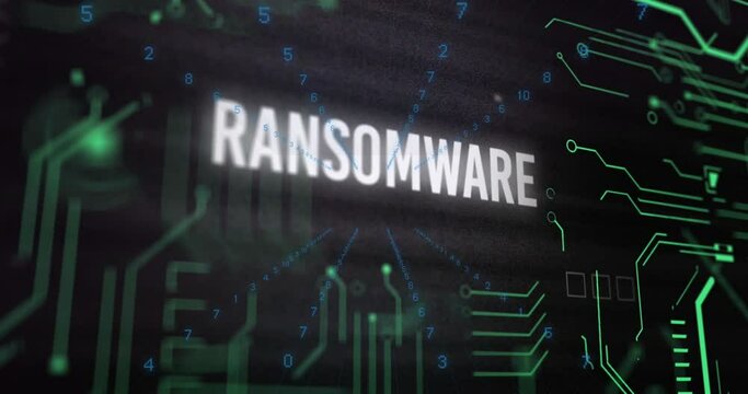 Animation of x mark on ransomware text over circuit board pattern and changing numbers in background