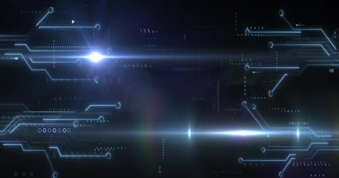 Animation of lens flares over illuminated circuit board pattern and binary codes on black background