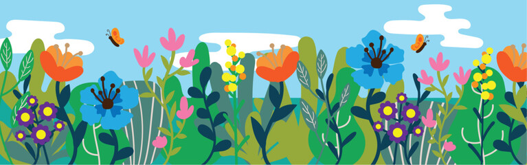 Spring flowers Hero image vector illustration. Floral scene wide banner.