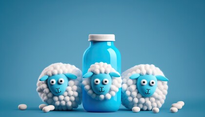 Obraz premium Funny illustration with sleeping pills and fluffy sheeps, insomnia treatment concept. Generative AI