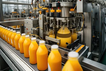 Keuken spatwand met foto The beverage factory operates a production line that bottles fruit juice on a conveyor belt. Generative AI illustration. © Vitaly Art