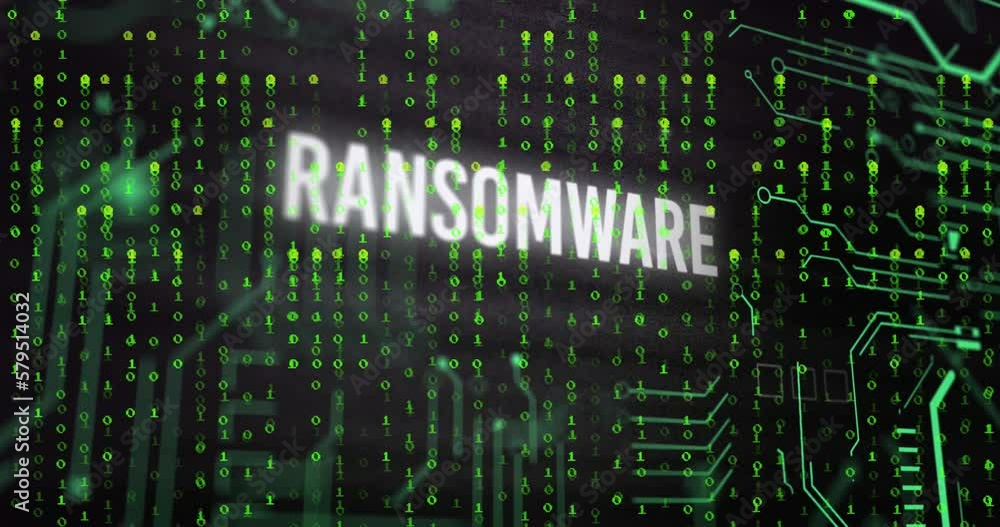 Poster animation of ransomware text with circuit board pattern over binary codes against black background