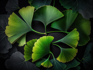 Fototapeta na wymiar Ginkgo biloba green leaves background created with Generative AI technology