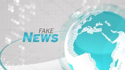 Animation of fake news text over rotating globe against abstract background - Powered by Adobe