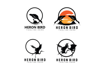 Bird Heron Stork Logo Design, Birds Heron Flying On The River Vector, Product Brand Illustration
