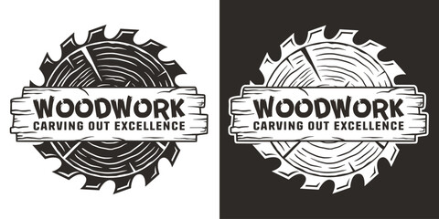 Wood carpentry logo. Saws for slice of tree. Wooden stump and saw - obrazy, fototapety, plakaty