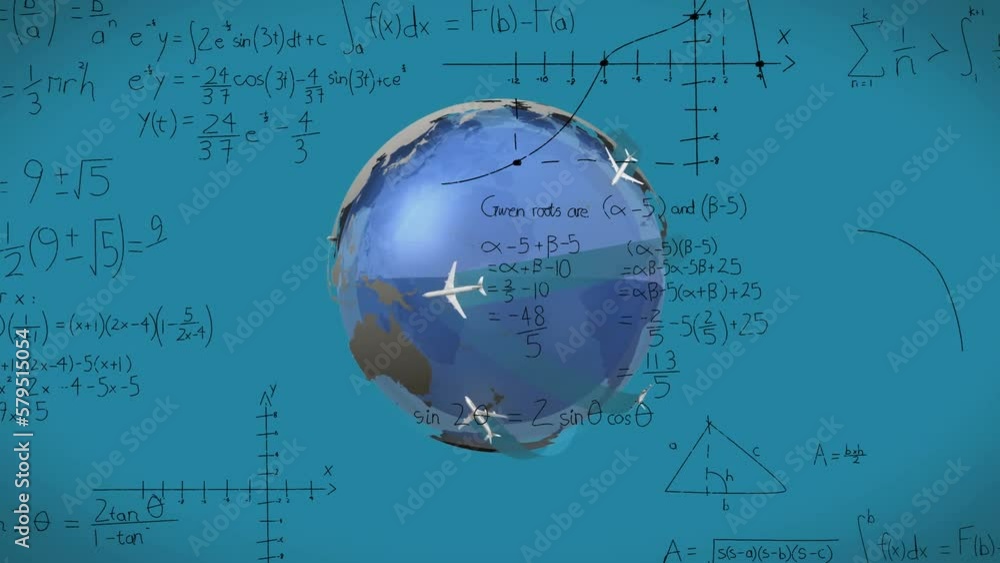Poster animation of mathematical equations and diagrams over plane moving around globe on blue background