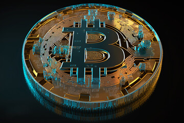 Golden bitcoin coin 3d illustration. New virtual money. Virtual money concept. Finance. Investments. Investment. Internet money market. Virtual shopping. Generative ai. Isolated. Dark background.