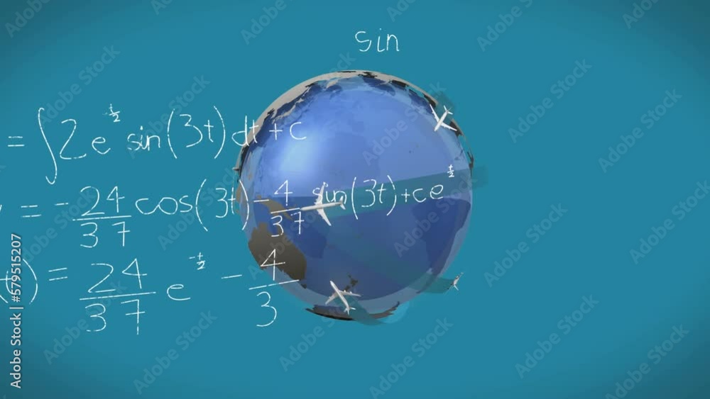 Poster animation of mathematical equations and diagrams over rotating globe against blue background