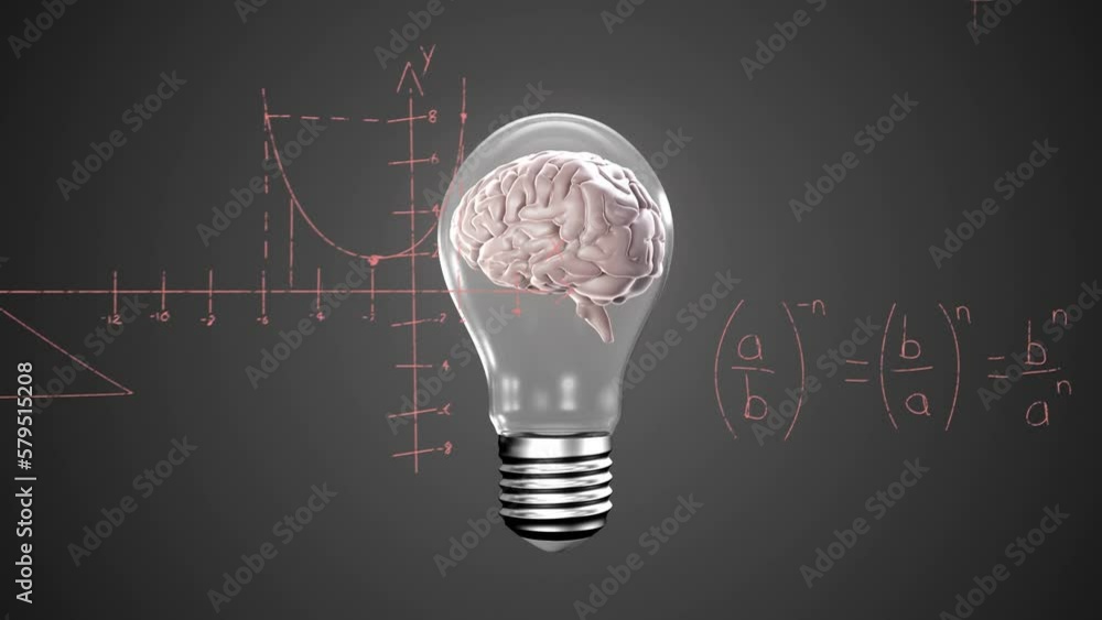Poster animation of human brain in bulb over mathematical equations and diagrams on abstract background