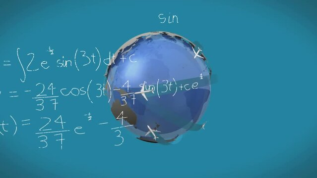 Animation of mathematical equations and diagrams over rotating globe against blue background