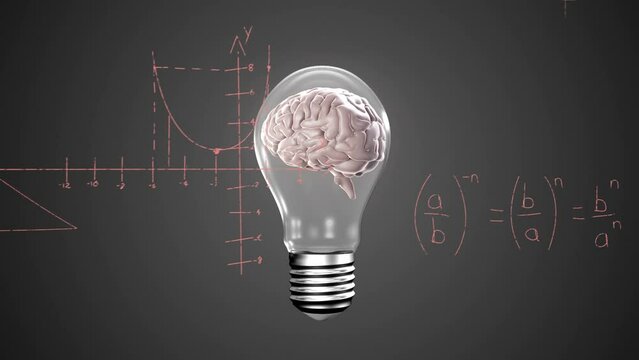 Animation of human brain in bulb over mathematical equations and diagrams on abstract background