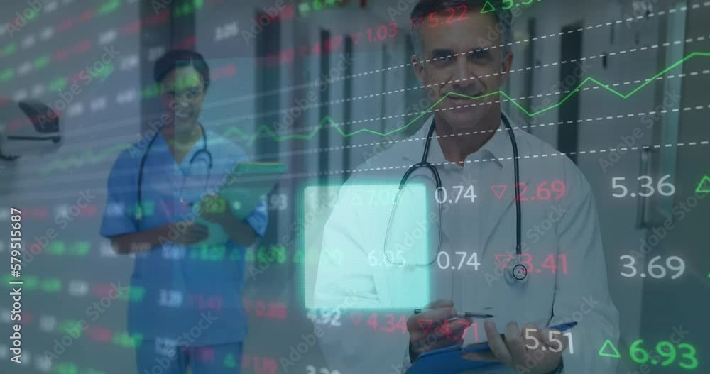 Aufkleber animation of financial data processing over diverse doctors with stethoscopes