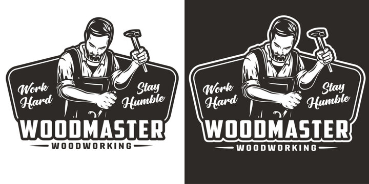 Bearded carpenter for logo of carpentry or wood carving. Woodworker with chisel in his hands for design of workshop or woodworking