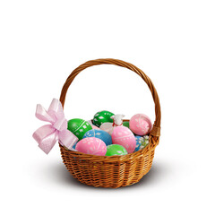 Colorful Easter eggs and lamb in a basket