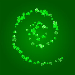 Shamrock background for Saint Patricks Day. Lucky trefoil confetti. Glitter frame of clover leaves.. Template for poster, gift certificate, banner. Festal shamrock background.