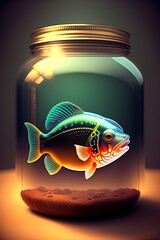 Piranha in a jar, Fish in a glass, Mini fish in aquarium, Mini Aquarium with fish, Fish in Jar, Jar Aquarium, Generative AI