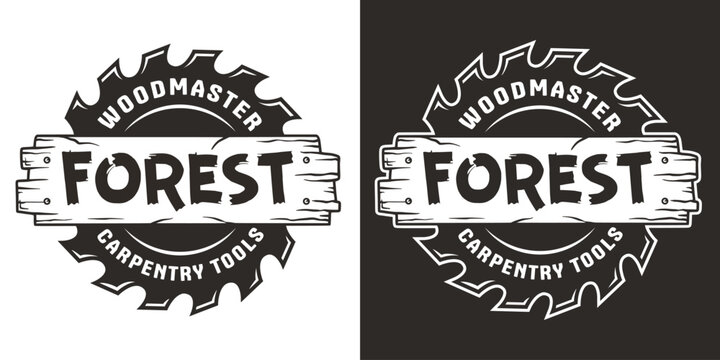 Wood saw for slice of tree or timber for logo and design of workshop or sawmill. Blade or circular saw with forest for sawing of lumberman or lumberjack.