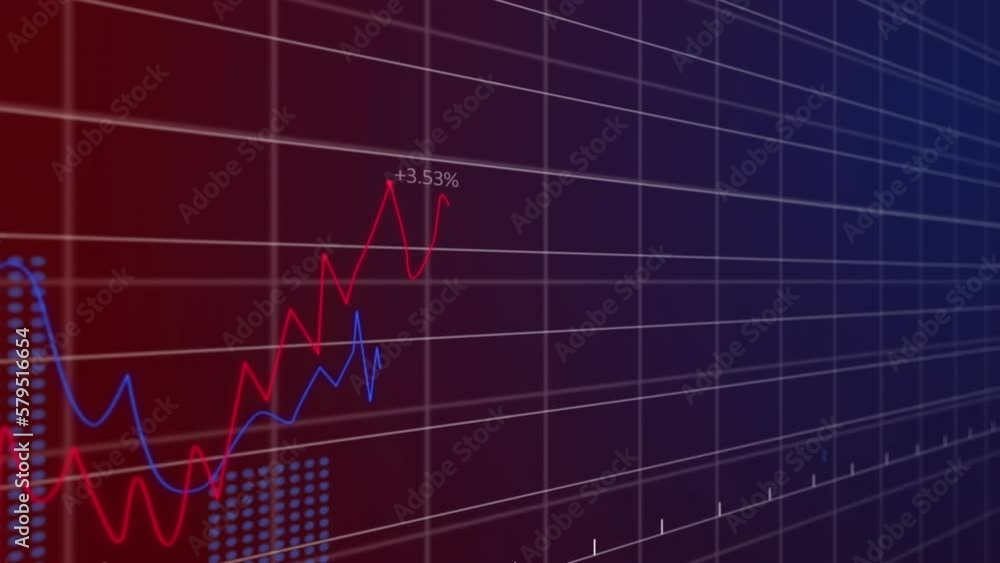 Aufkleber animation of financial data processing over grid on dark background