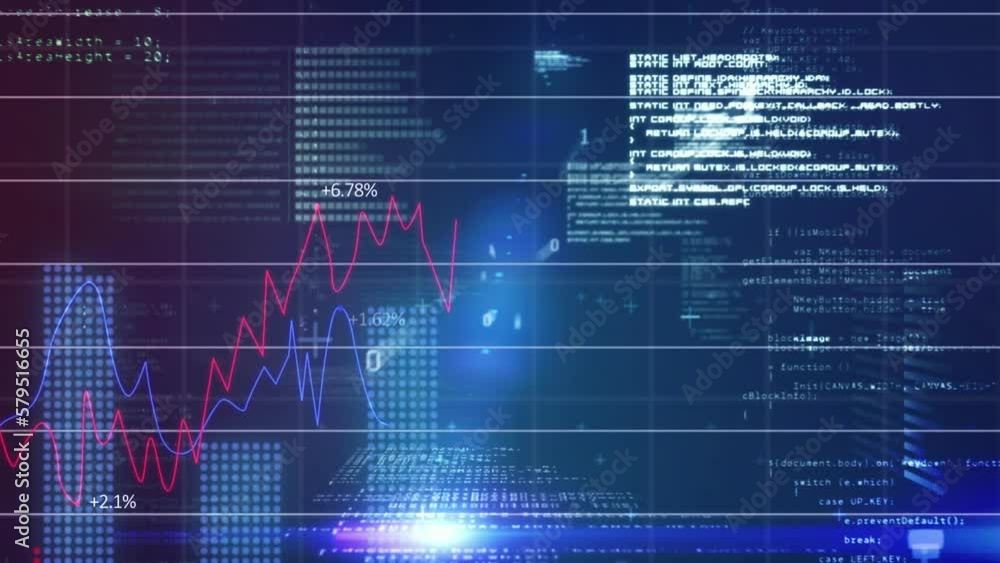 Poster Animation of binary coding and financial data processing over grid on dark background