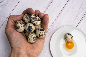A handful of quail eggs in a person's hand, yolk and white on a plate