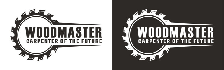 Wood saw for slice of tree or timber for logo and design of workshop or sawmill. Blade or circular saw with forest for sawing of woodmaster or carpenter.