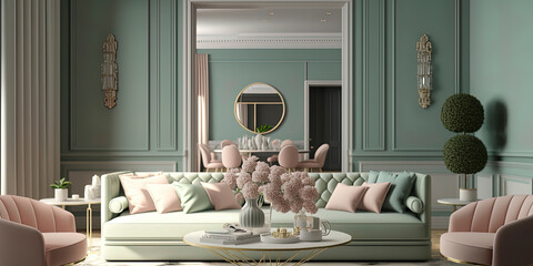 render of luxury home living room with pastel colors