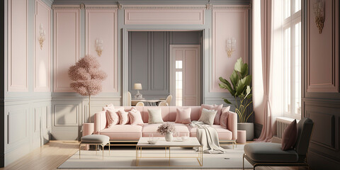 render of luxury home living room with pastel colors