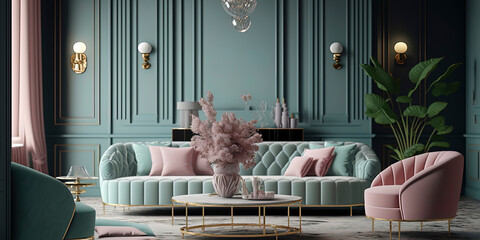 render of luxury home living room with pastel colors