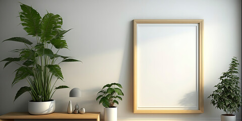 a wooden frame with a blank white painting in a room with plants not over the frame