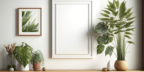 a wooden frame with a blank white painting in a room with plants not over the frame
