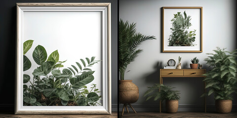 Fototapeta na wymiar a wooden frame with a blank white painting in a room with plants not over the frame