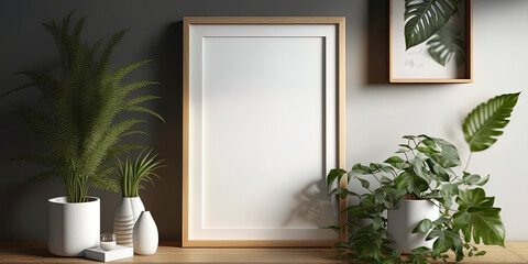 a wooden frame with a blank white painting in a room with plants not over the frame