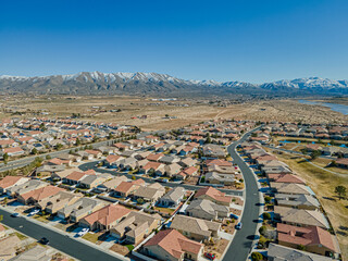 Apple Valley, California – March 3, 2023: aerial city view drone photo toward Apple Valley...