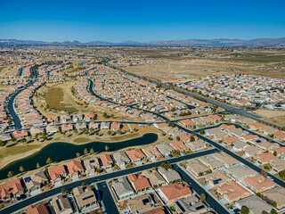 Apple Valley, California – March 3, 2023: aerial city view drone photo toward Apple Valley California, CA with many new build houses, homes © HunYoung