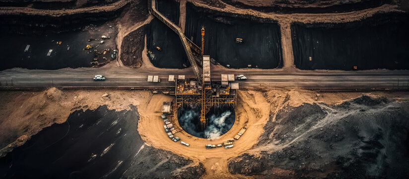 Coal mining from above. Open pit mine, extractive industry for coal, top view. digital ai art
