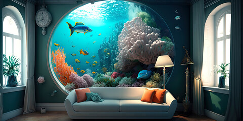 brilliant coral reef themed interior design AI-Generated