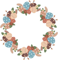 Easter flower wreath . Easter frame with decorated eggs and flowers and symbols of bright Easter
