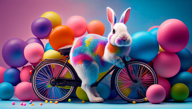 A cute cheerful rabbit holds an egg and rides a bicycle on the occasion of Easter celebration. creative illustration Generative AI