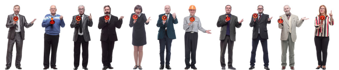 collage of successful architects speaks into a loudspeaker to the camera