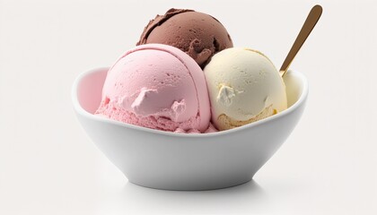 Neapolitan ice cream in a bowl with a spoon on White Background with copy space for your text created with generative AI technology - obrazy, fototapety, plakaty