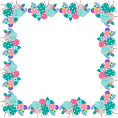 Fototapeta na wymiar Easter flower wreath . Easter frame with decorated eggs and flowers and symbols of bright Easter