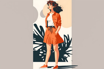Flat vector illustration An attractive young woman poses isolated on PNG background.  