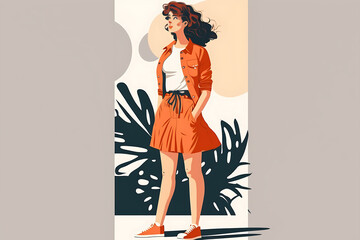 Flat vector illustration An attractive young woman poses isolated on PNG background.  